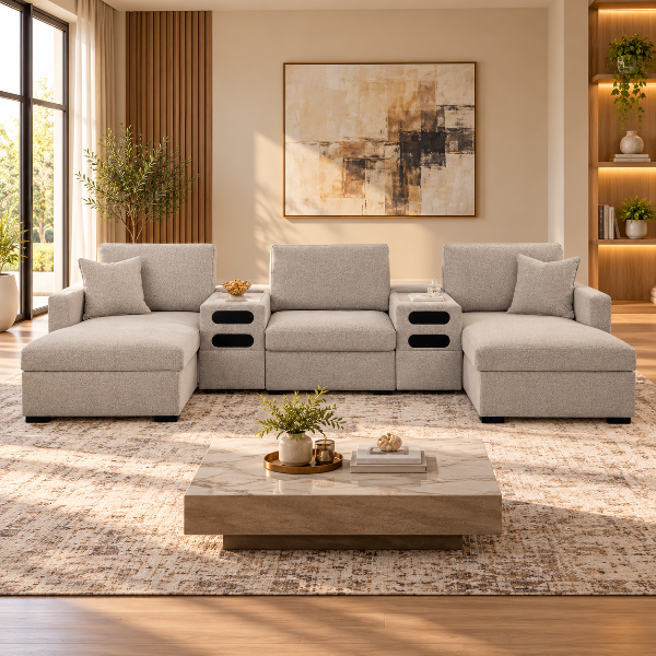68605S43 Modmax Luxe 5-Piece Fabric Upholstered Sectional Sofa With Dual Chaise &amp; Audio System Console - Flint | Benchcraft By Ashley