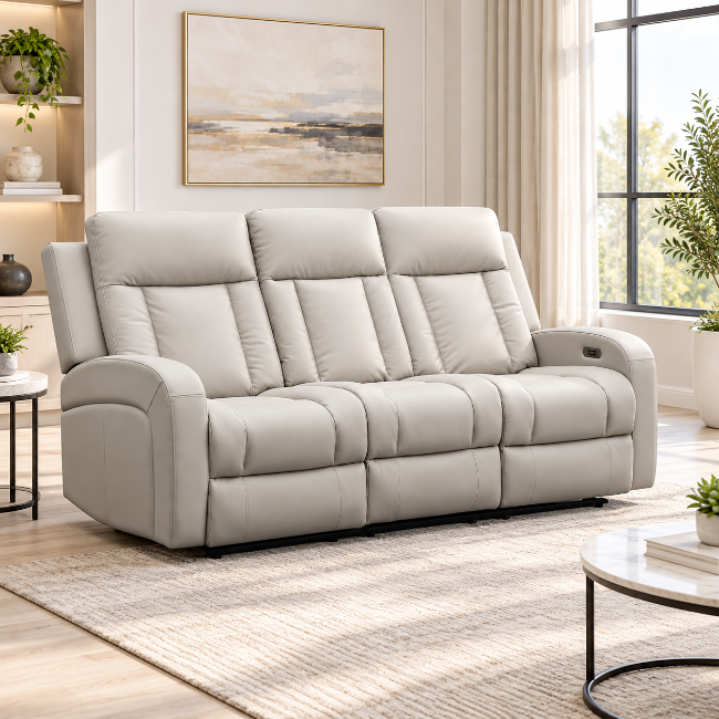 Sudex Beige Power Recliner Sofa in Top Grain Leather