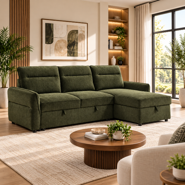 Flick Green Sectional Sofa Bed With Reversible Storage Chaise