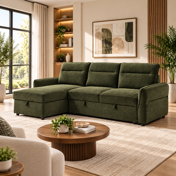 Flick Green Sectional Sofa Bed With Reversible Storage Chaise