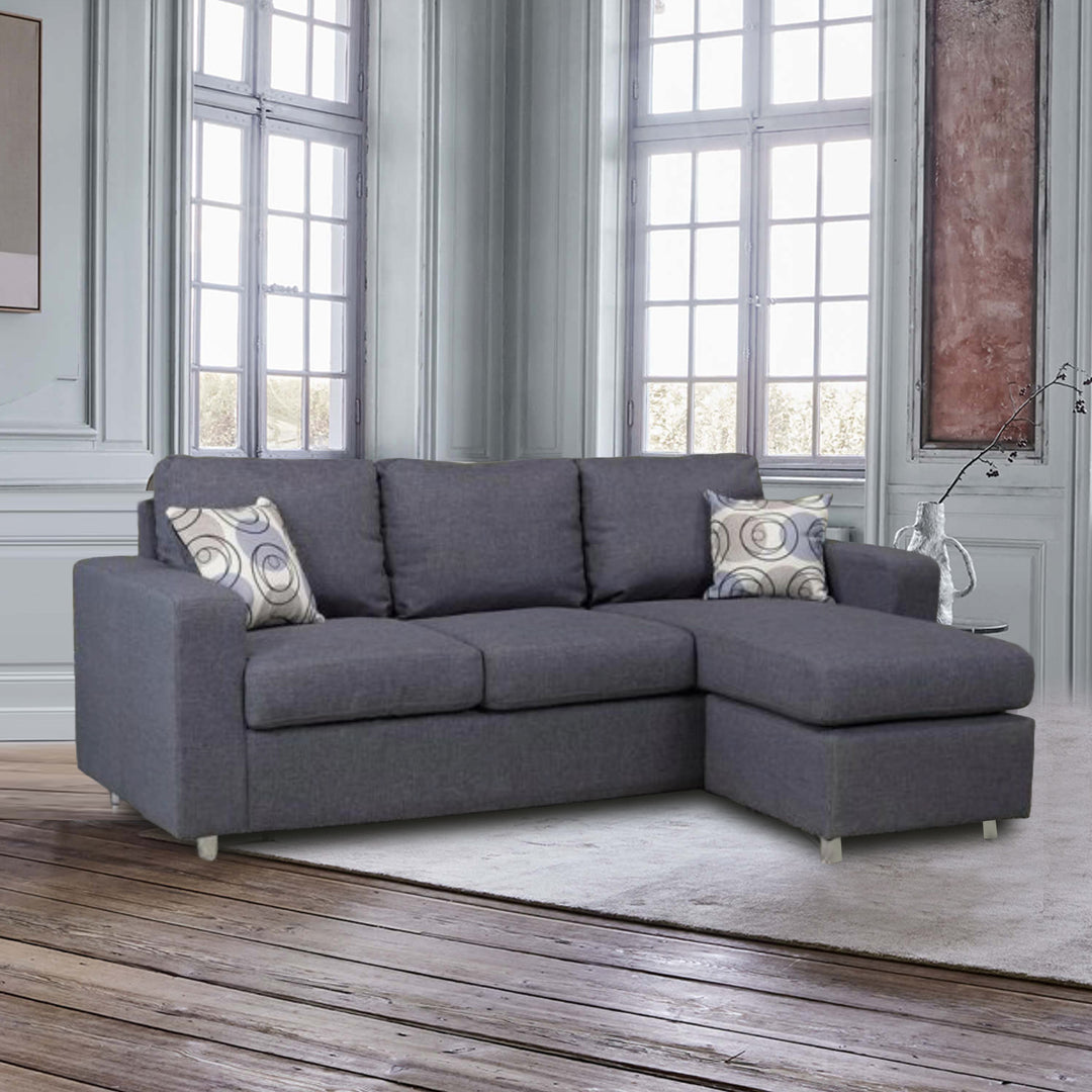 City Grey Fabric Sofa With Chrome Legs and Accent Pillows