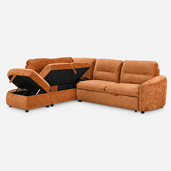 Stuart Burnt Orange Sleeper Sectional Sofa With Storage Chaise | Available In RHF/ LHF Configuration