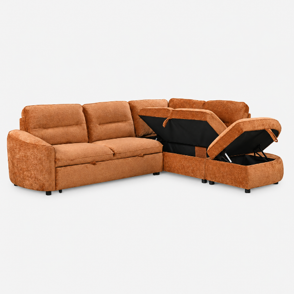 Stuart Burnt Orange Sleeper Sectional Sofa With Storage Chaise | Available In RHF/ LHF Configuration