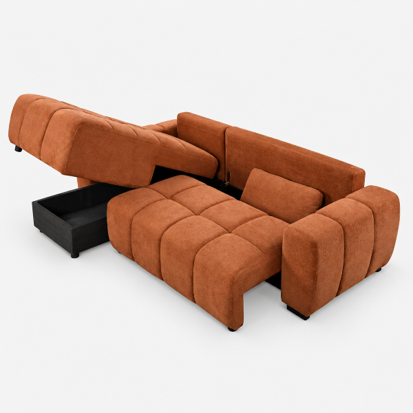 Molton Burnt Orange Sectional Sofa Bed With Lift-Up Storage Chaise | Avaiable In LHF/ RHF Configuration