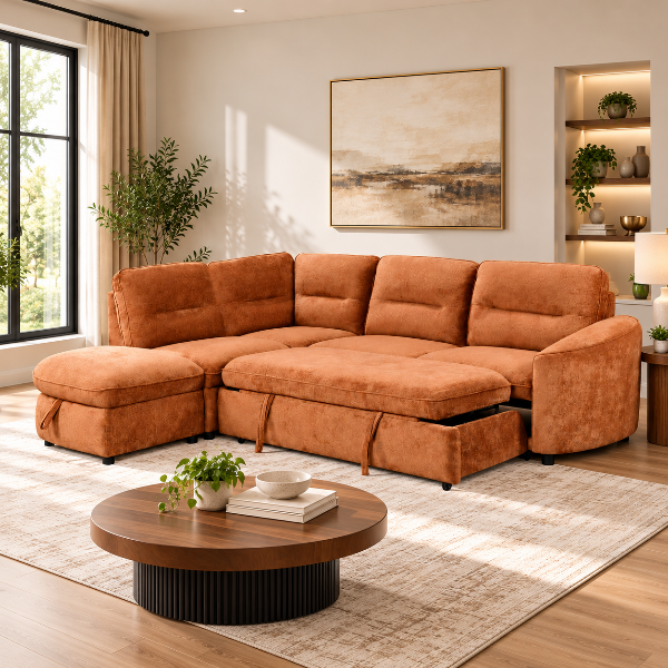 Stuart Burnt Orange Sleeper Sectional Sofa With Storage Chaise | Available In RHF/ LHF Configuration