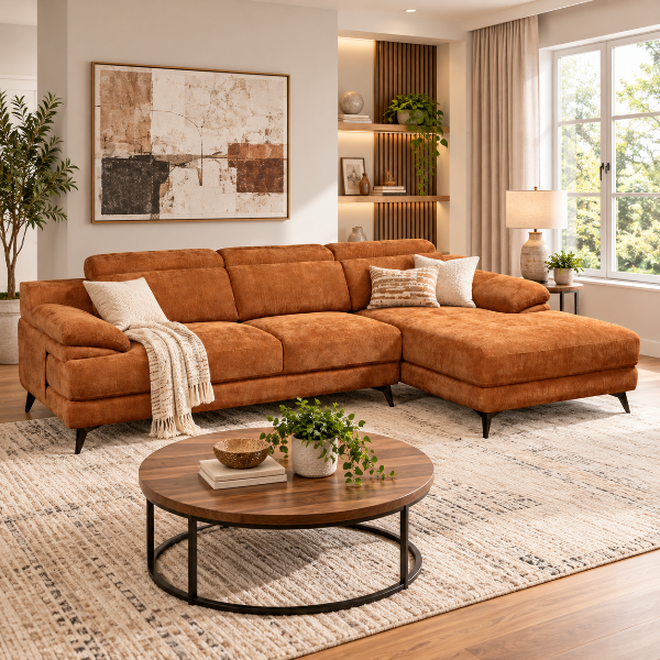 Sane Burnt Orange L-Shaped Sectional Sofa With Chaise Lounge