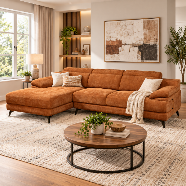 Sane Burnt Orange L-Shaped Sectional Sofa With Chaise Lounge