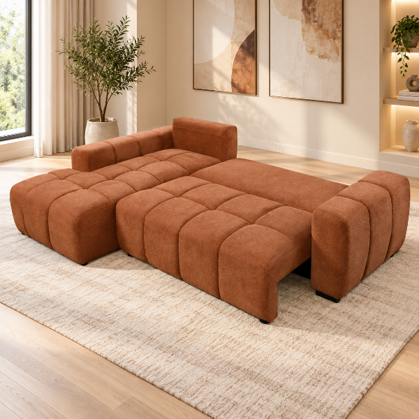 Molton Burnt Orange Sectional Sofa Bed With Lift-Up Storage Chaise | Avaiable In LHF/ RHF Configuration