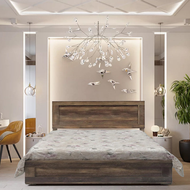 Fiona Charming Platform Bed Frame With Rustic Dark Brown Plank Look