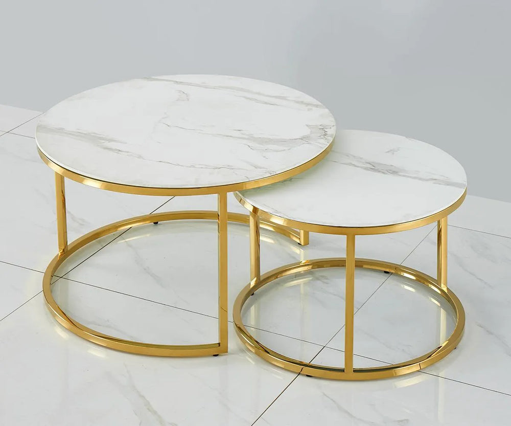 White Marble Glass Coffee Table with Gold Legs