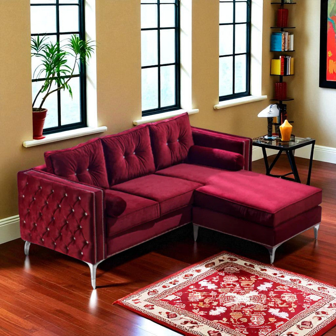 Diamond Fabric Upholstered Sectional Sofa With Reversible Chaise - Red