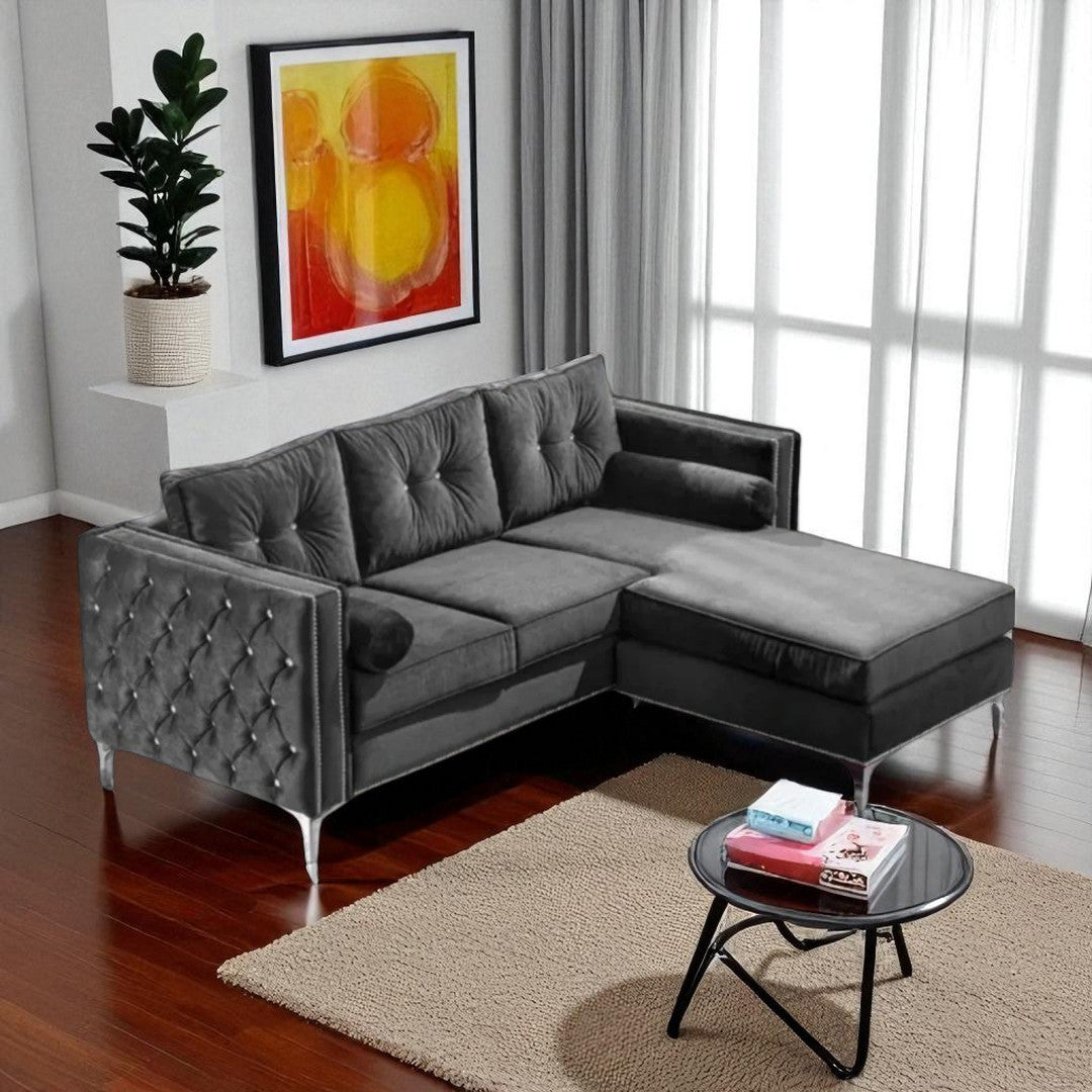 Diamond Fabric Upholstered Sectional Sofa With Reversible Chaise - Grey