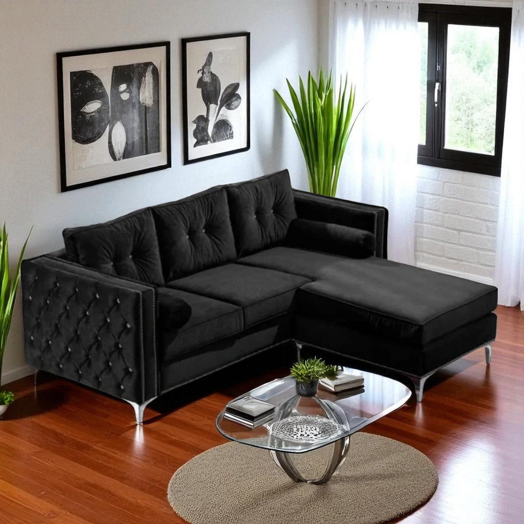 Diamond Fabric Upholstered Sectional Sofa With Reversible Chaise - Black