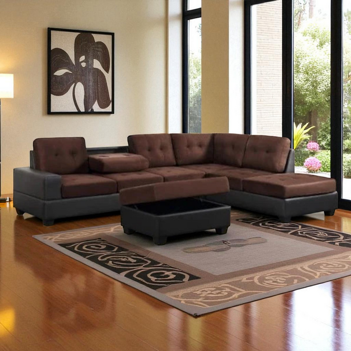 Marcel Fabric/ Leather Upholstered Sectional Sofa With Reversible Chaise - Brown/ Black