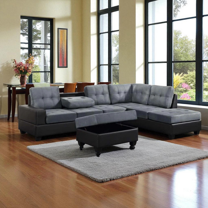 Marcel Fabric/ Leather Upholstered Sectional Sofa With Reversible Chaise - Grey/ Black