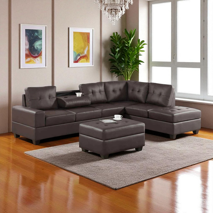 Marcel Leather Upholstered Sectional Sofa With Reversible Chaise - Dark Brown