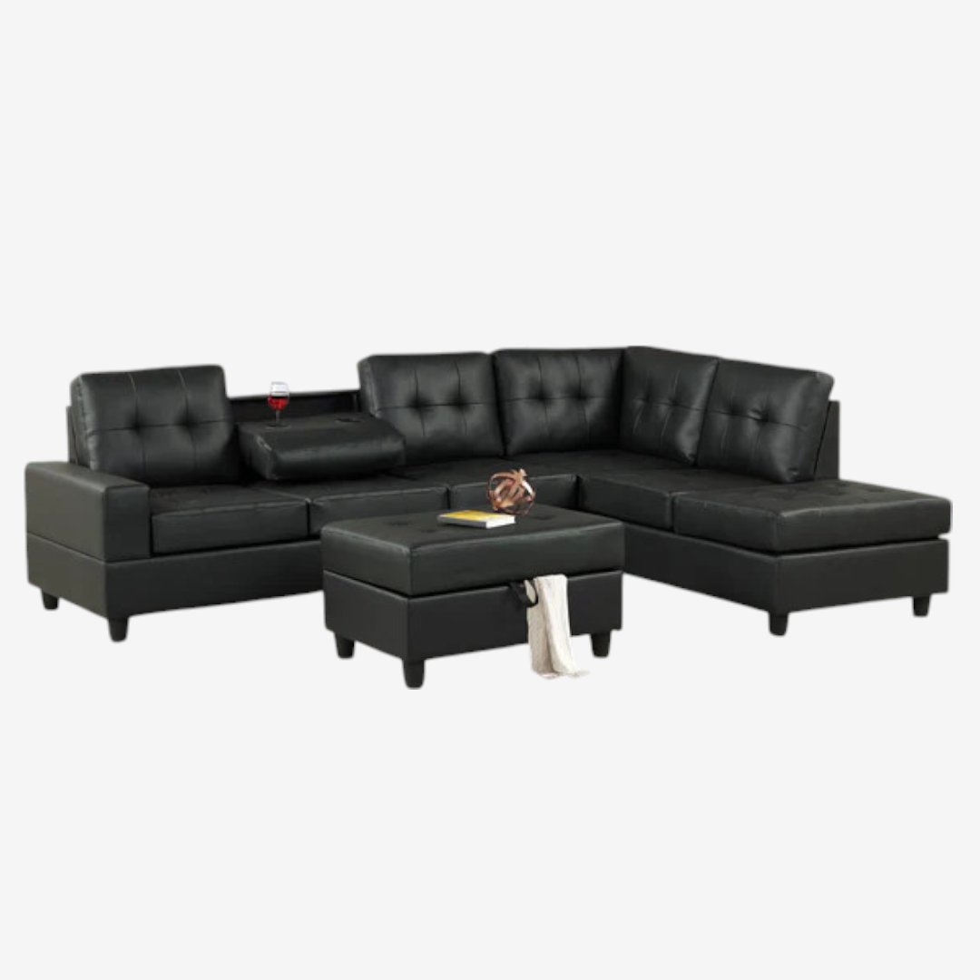 Marcel Leather Upholstered Sectional Sofa With Reversible Chaise - Black