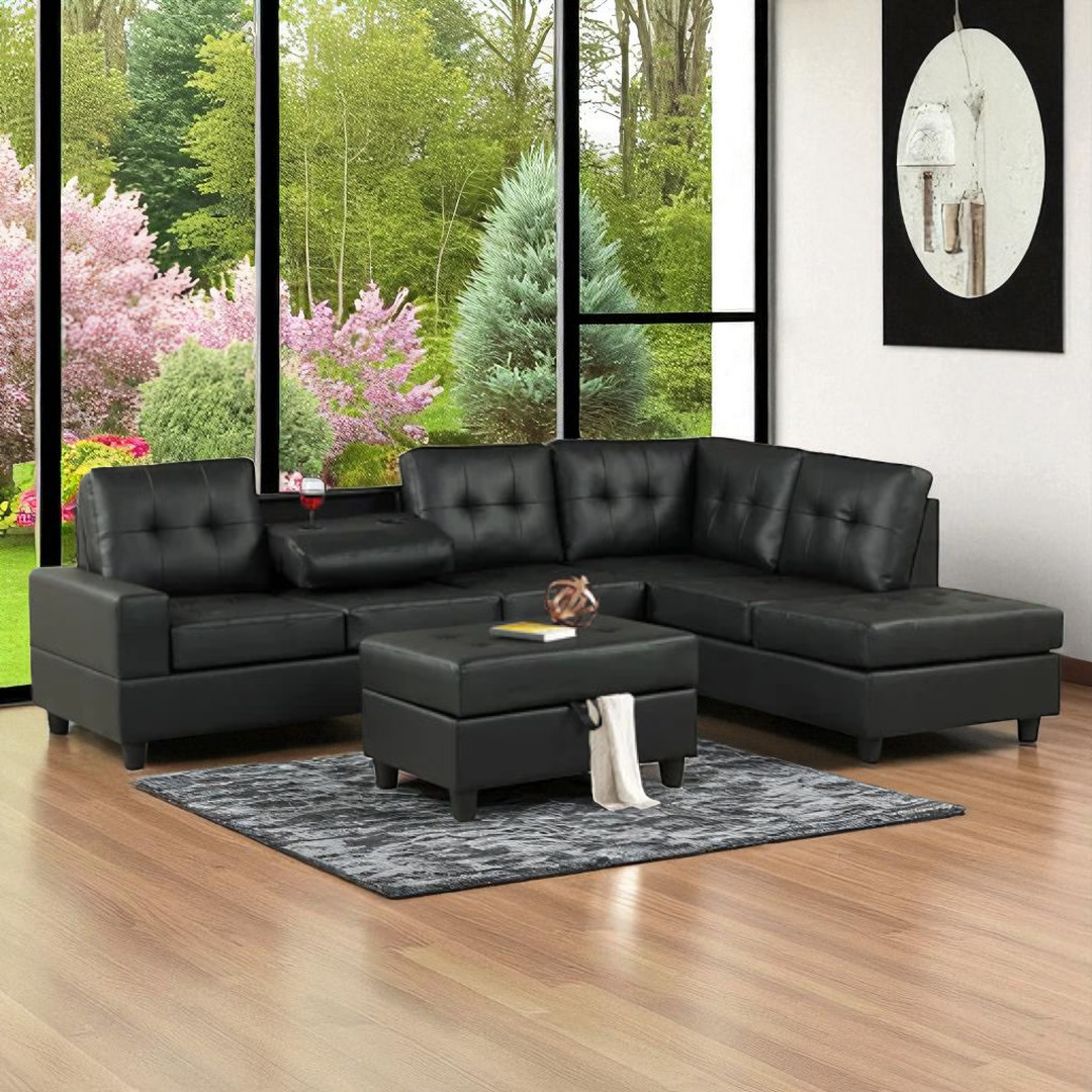 Marcel Leather Upholstered Sectional Sofa With Reversible Chaise - Black