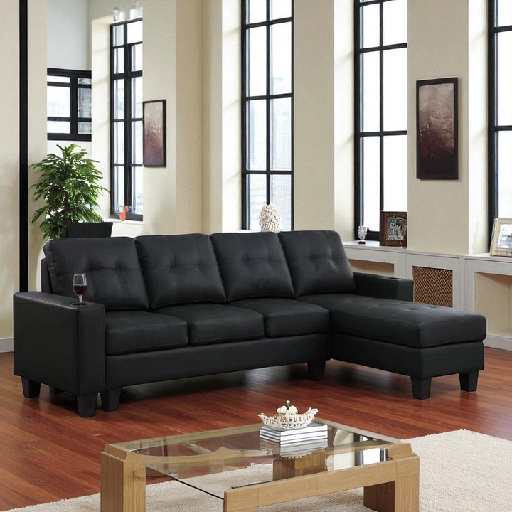 Cole Leather Upholstered Sectional Sofa With Reversible Chaise - Black