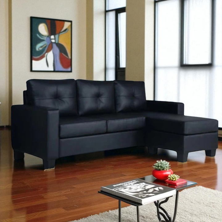 Emma Leather Upholstered Sectional Sofa With Reversible Chaise - Black