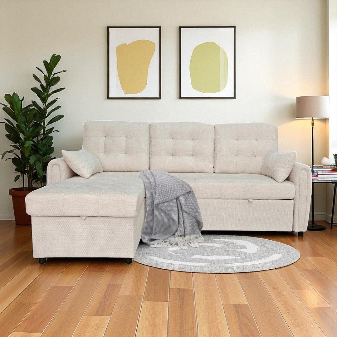 Céleste Fabric Upholstered Sectional Sofa Bed With Reversible Storage Chaise - Beige