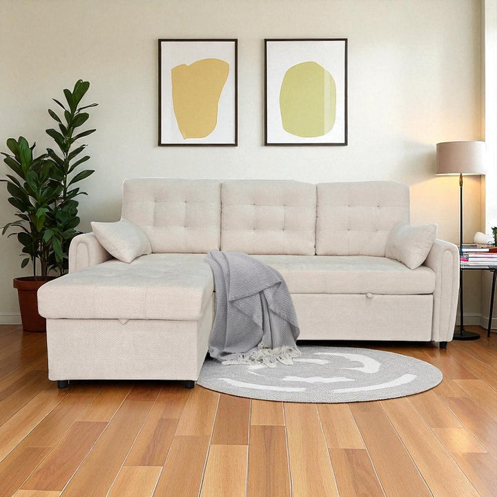 Céleste Fabric Upholstered Sectional Sofa Bed With Reversible Storage Chaise - Beige