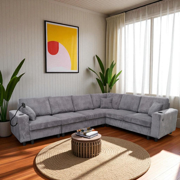 Tristan 4-Piece Fabric Sectional Sofa With USB Charging Ports - Grey
