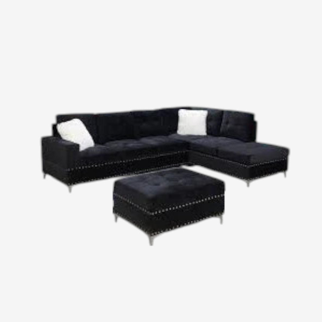 Damien Fabric Upholstered Sectional Sofa With Storage Ottoman - Black