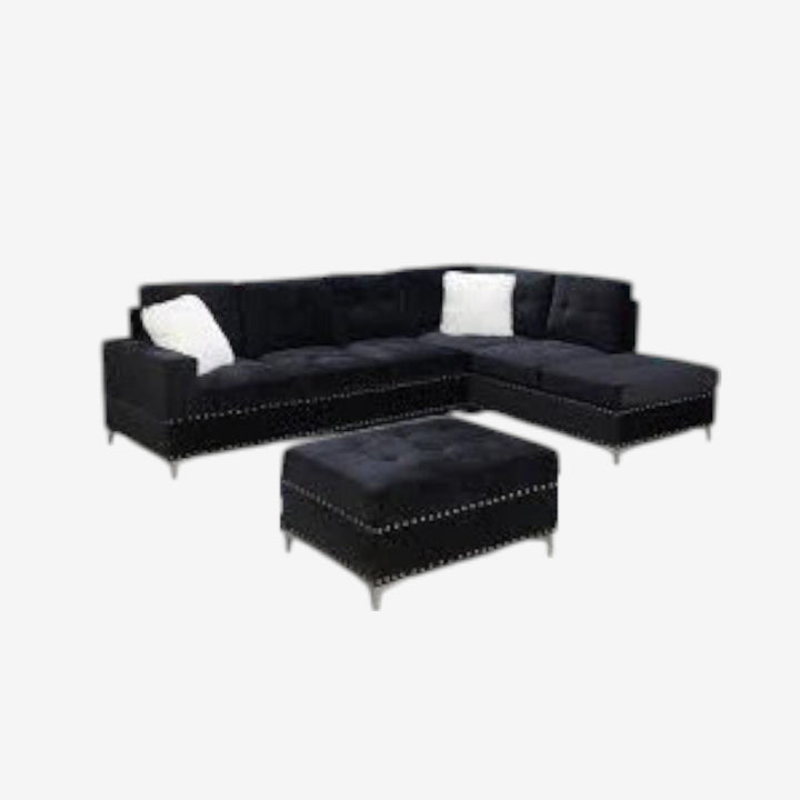 Damien Fabric Upholstered Sectional Sofa With Storage Ottoman - Black