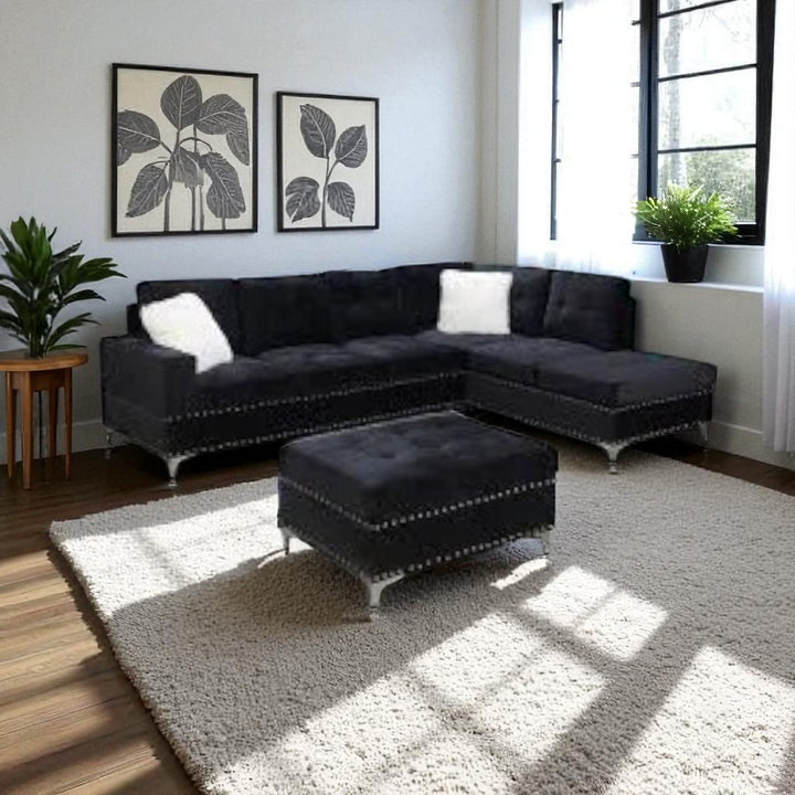 Damien Fabric Upholstered Sectional Sofa With Storage Ottoman - Black