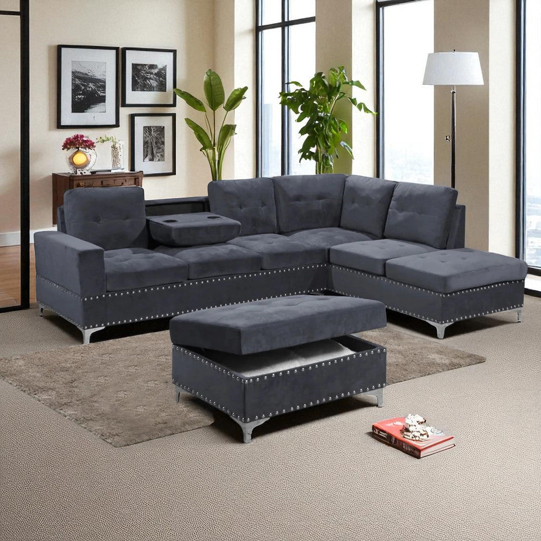 Damien Fabric Upholstered Sectional Sofa With Storage Ottoman - Grey