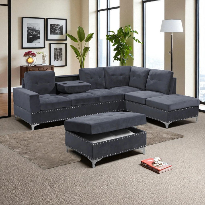 Damien Fabric Upholstered Sectional Sofa With Storage Ottoman - Grey