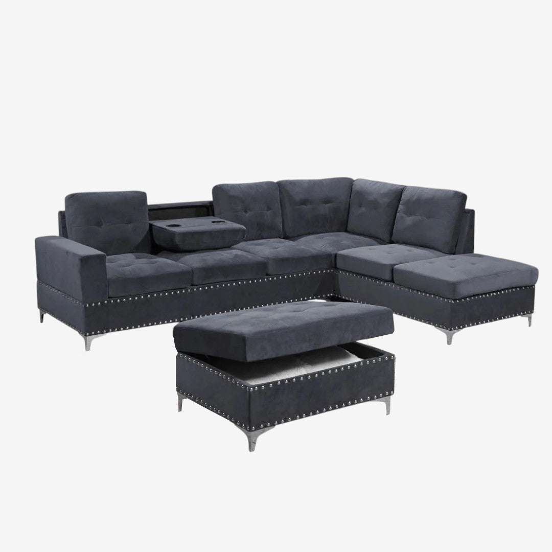 Damien Fabric Upholstered Sectional Sofa With Storage Ottoman - Grey