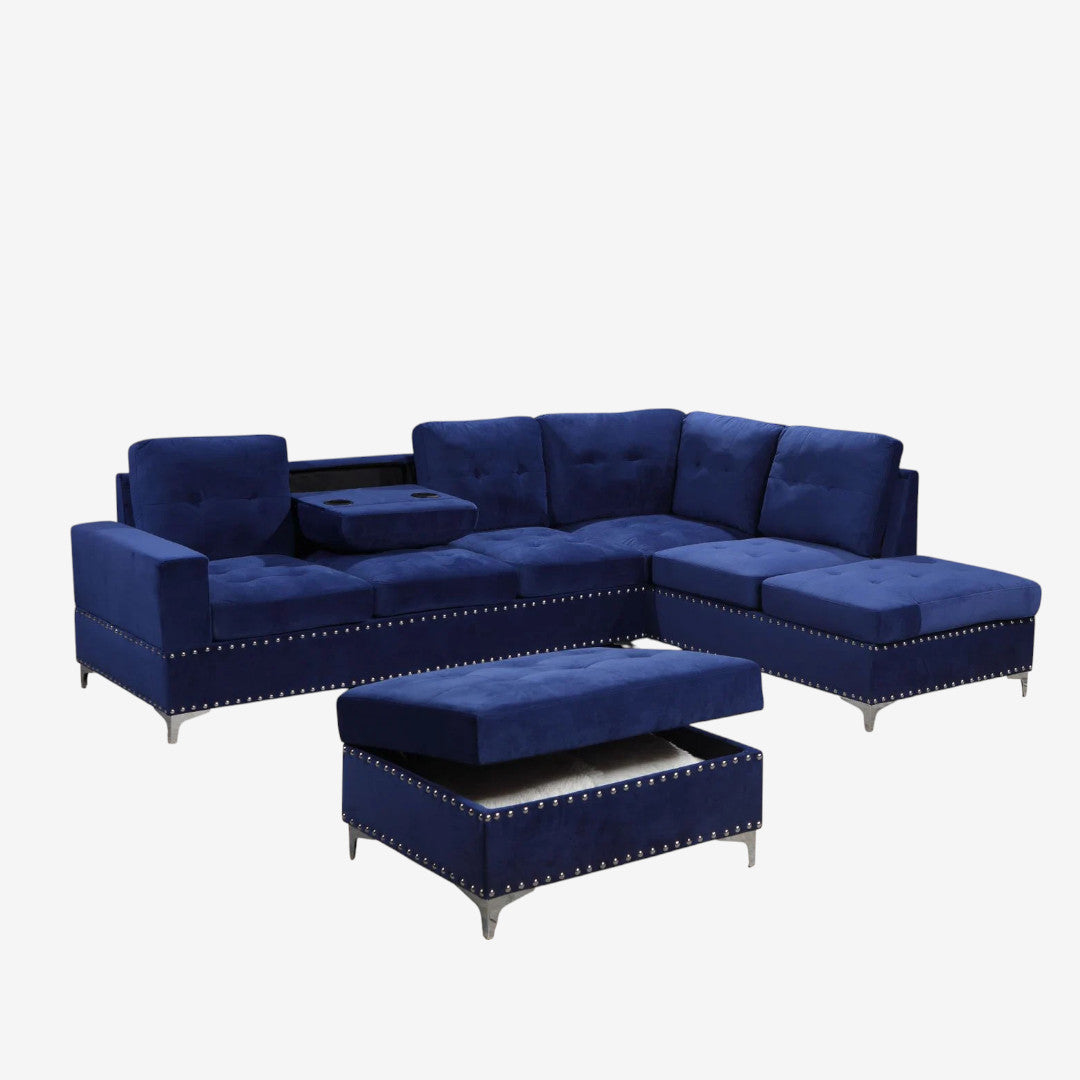 Damien Fabric Upholstered Sectional Sofa With Storage Ottoman - Blue