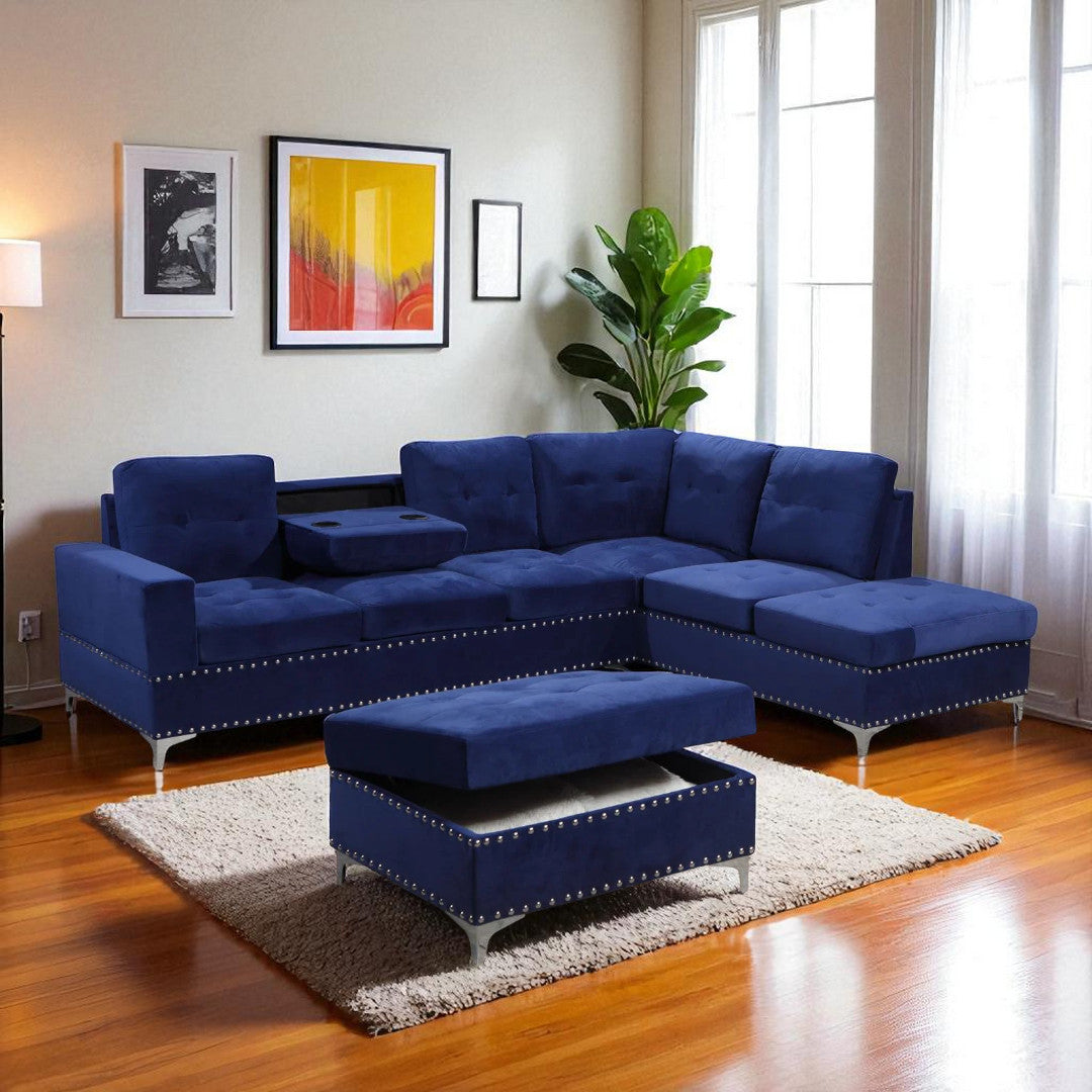Damien Fabric Upholstered Sectional Sofa With Storage Ottoman - Blue