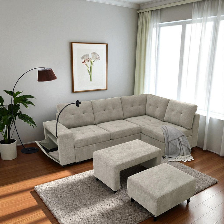 Leo Fabric Upholstered Sectional Sofa With Nesting Bench & Ottoman - Beige