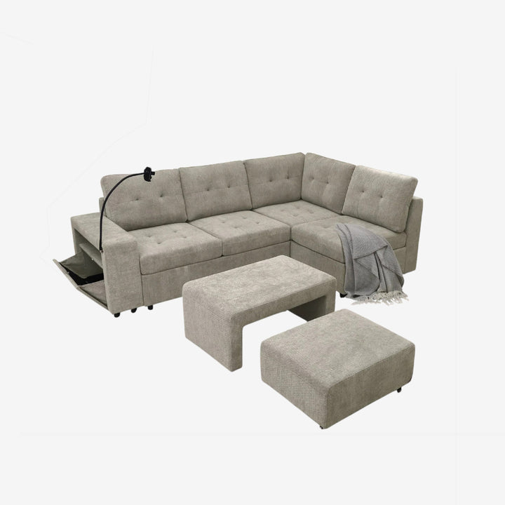 Leo Fabric Upholstered Sectional Sofa With Nesting Bench & Ottoman - Beige