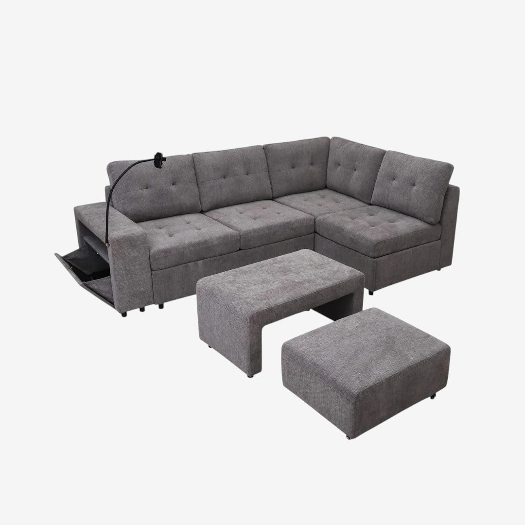 Leo Fabric Upholstered Sectional Sofa With Nesting Bench & Ottoman - Grey