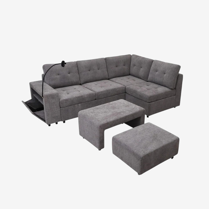 Leo Fabric Upholstered Sectional Sofa With Nesting Bench & Ottoman - Grey