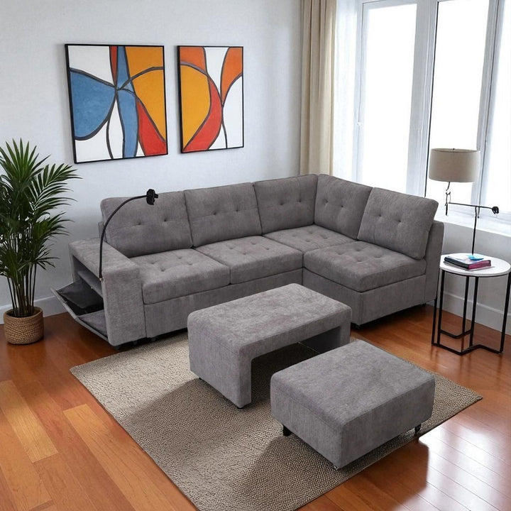 Leo Fabric Upholstered Sectional Sofa With Nesting Bench & Ottoman - Grey