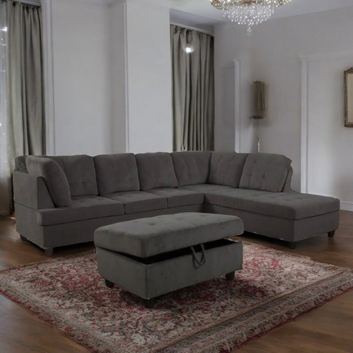 Elvario 2-Piece Fabric Upholstered Sectional Sofa With Storage Ottoman - Dark Grey | Available In LHF/ RHF Configuration