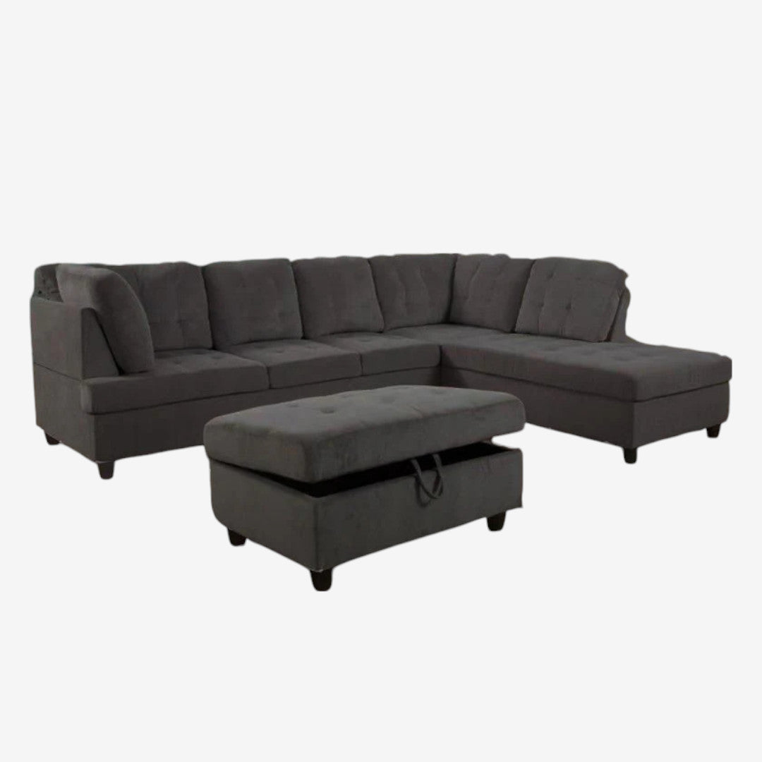Elvario 2-Piece Fabric Upholstered Sectional Sofa With Storage Ottoman - Dark Grey | Available In LHF/ RHF Configuration