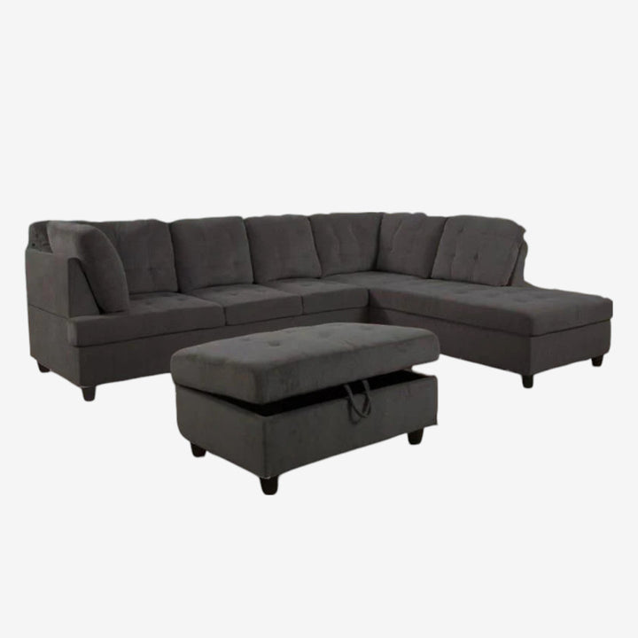 Elvario 2-Piece Fabric Upholstered Sectional Sofa With Storage Ottoman - Dark Grey | Available In LHF/ RHF Configuration