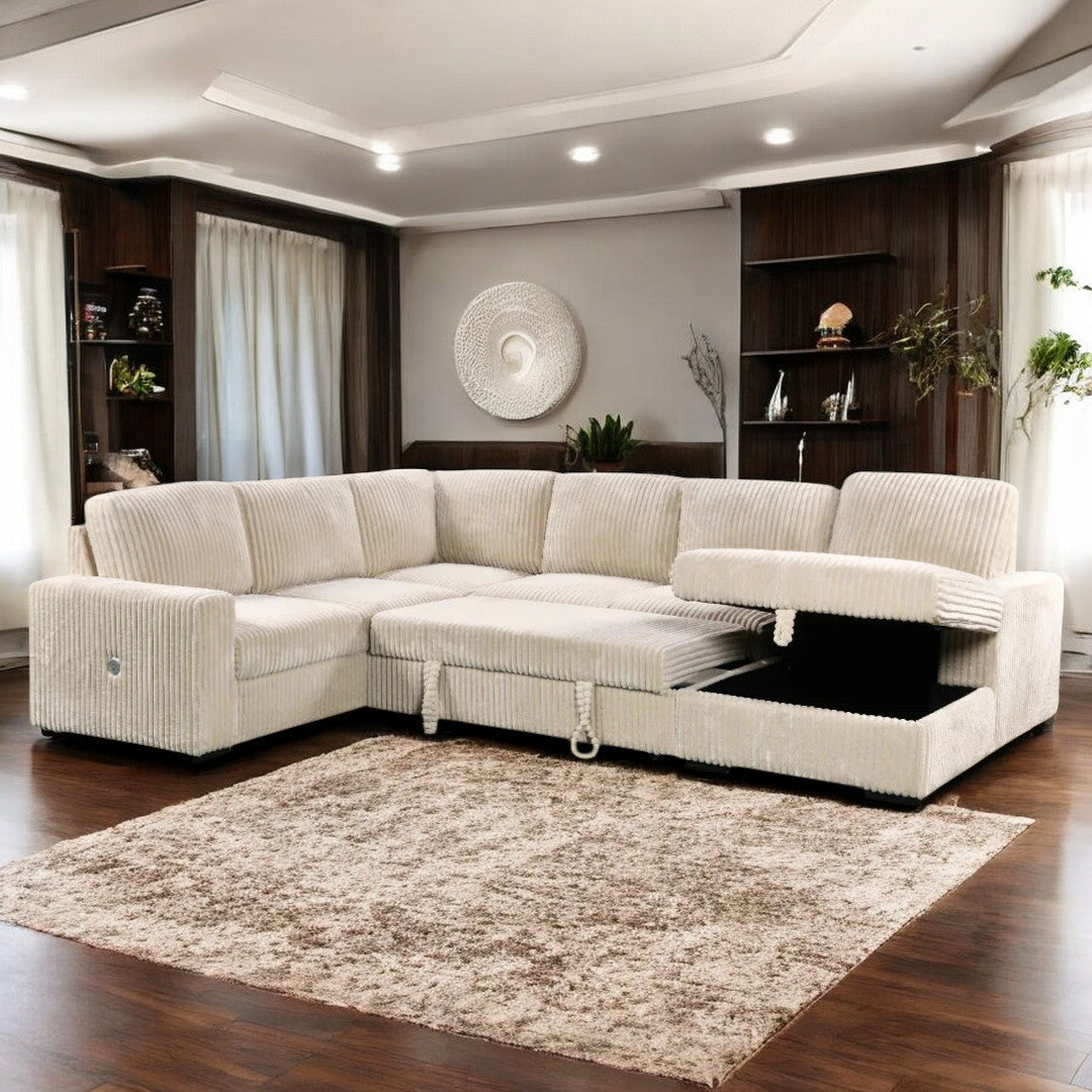 Sindy RHF Sectional Sofa Bed In Fabric Upholstery - Beige