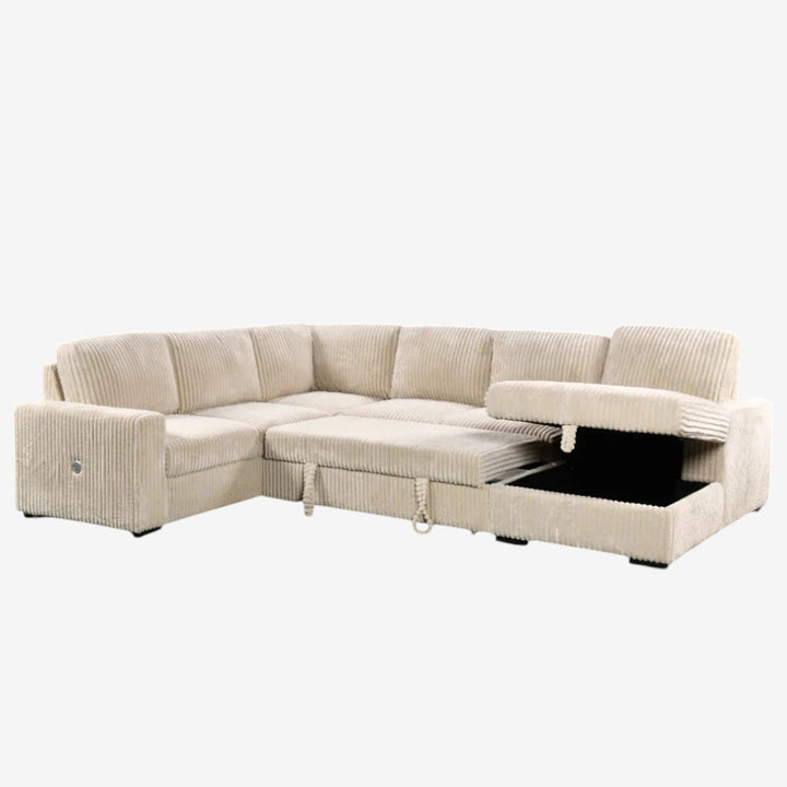 Sindy RHF Sectional Sofa Bed In Fabric Upholstery - Beige