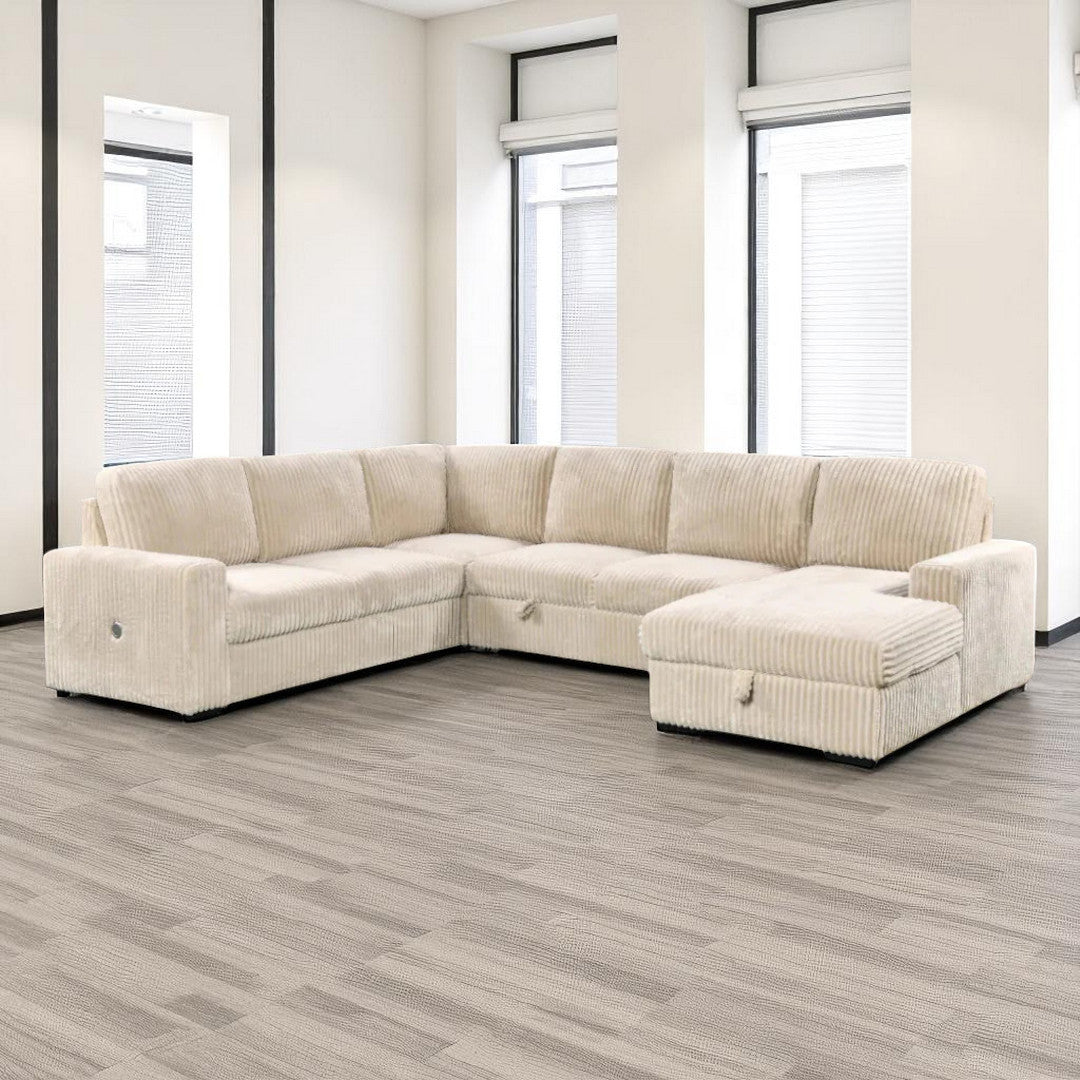Sindy RHF Sectional Sofa Bed In Fabric Upholstery - Beige
