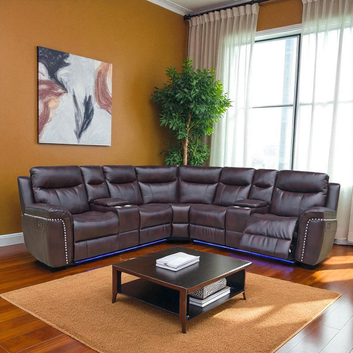 Maxwell 5-Seater Sectional Power Recliner In Gel Leather Upholstery - Chocolate