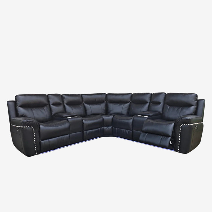 Maxwell 5-Seater Sectional Power Recliner In Gel Leather Upholstery - Black