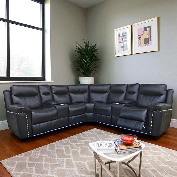 Maxwell 5-Seater Sectional Power Recliner In Gel Leather Upholstery - Black