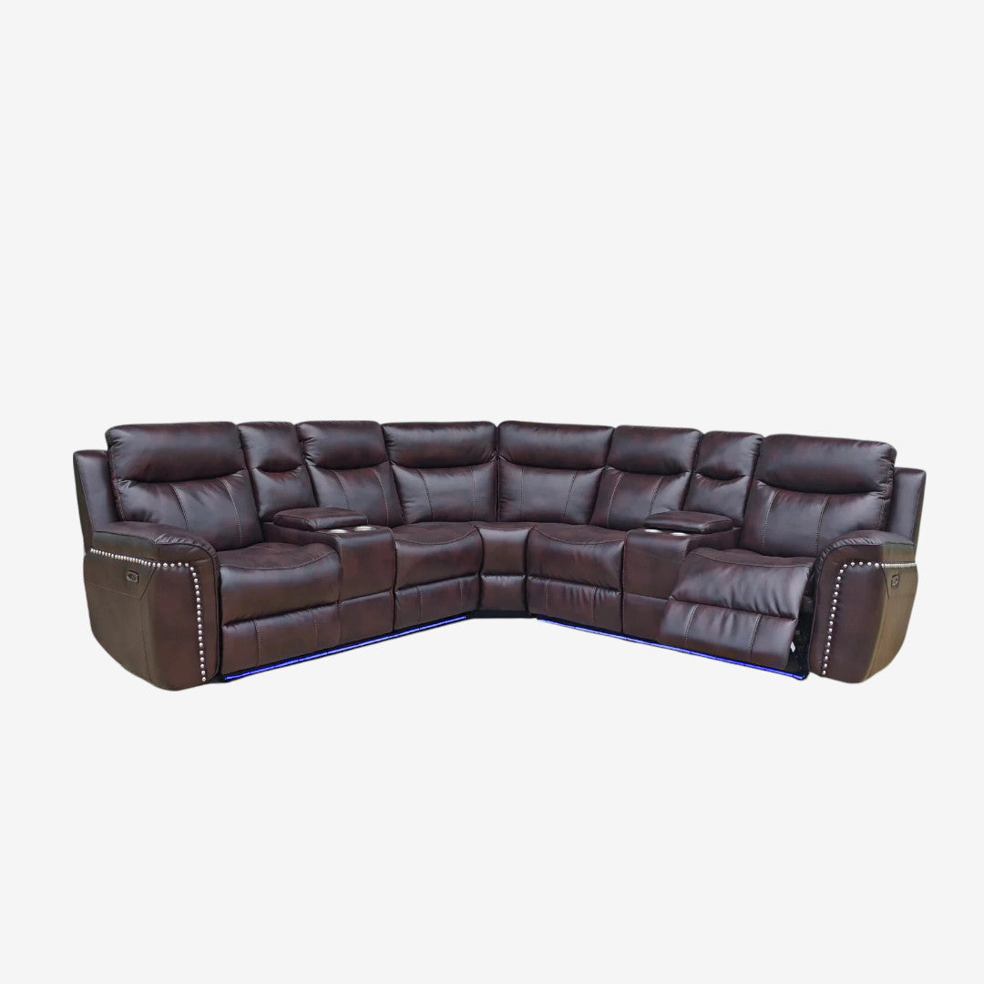 Maxwell 5-Seater Sectional Power Recliner In Gel Leather Upholstery - Chocolate
